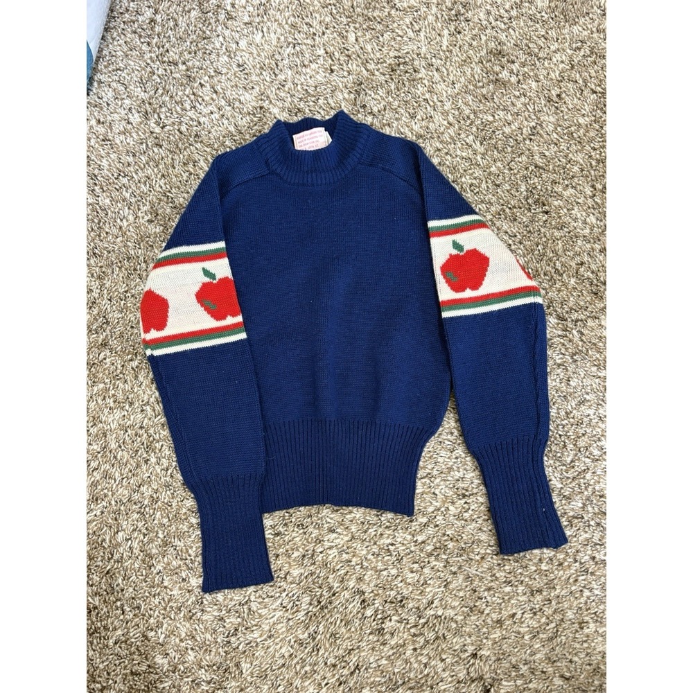 Vintage 80s 90s Kid's Hot Gear Blue Apple Sweater Size XS 5/6 Wool Blend